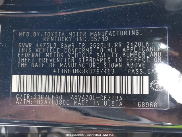 2019 TOYOTA CAMRY XSE VIN: 4T1B61HK8KU797463