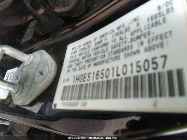 2001 HONDA CIVIC LX VIN: 1HGES16501L015057