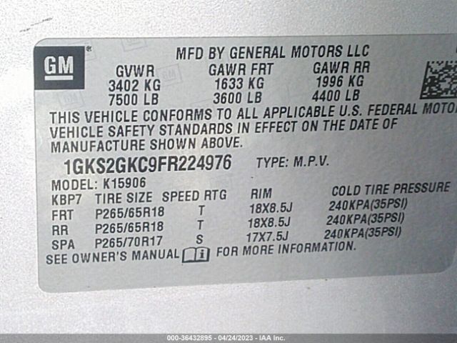 1GKS2GKC9FR224976 GMC Yukon Xl Sle