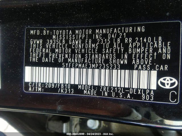 Toyota COROLLA LE 2021 5YFEPMAE3MP235233 Image 8