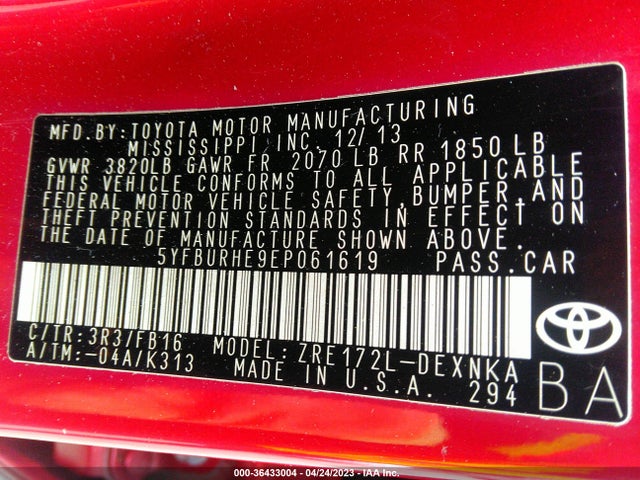 Toyota Corolla L/le/s/s Plus/le Plus 2014 5YFBURHE9EP061619 Image 9