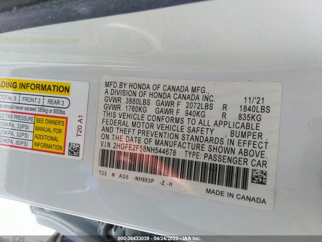 2022 HONDA CIVIC SEDAN SPORT VIN: 2HGFE2F58NH544678