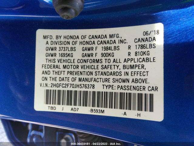 Honda Civic Sedan Ex 2018 2HGFC2F70JH576378 Image 9