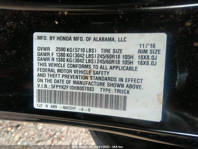Honda Ridgeline Sport 2017 5FPYK2F10HB007883 Image 9