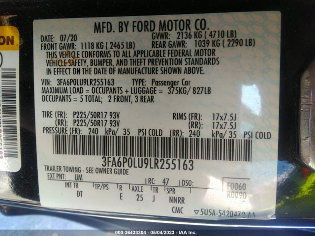 2020 FORD FUSION HYBRID SE VIN: 3FA6P0LU9LR255163