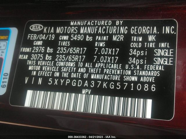5XYPGDA37KG571086 KIA SORENTO LX