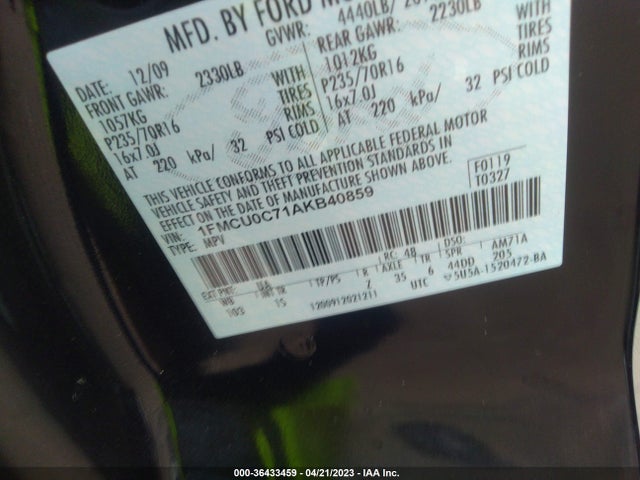 2010 FORD ESCAPE XLS VIN: 1FMCU0C71AKB40859