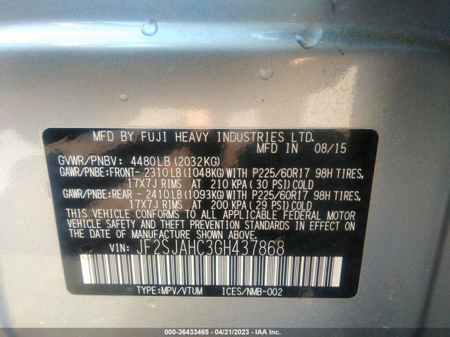 2016 SUBARU FORESTER 2.5I LIMITED VIN: JF2SJAHC3GH437868