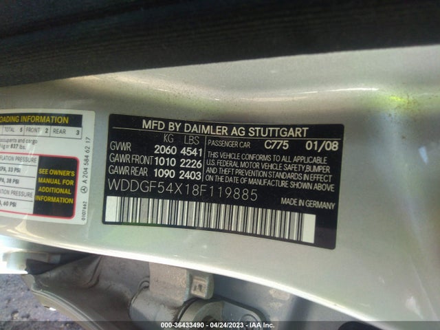 2008 MERCEDES-BENZ C-CLASS 3.0L VIN: WDDGF54X18F119885
