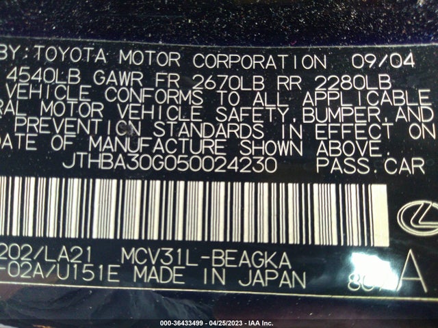 2005 LEXUS ES 330 VIN: JTHBA30G050024230