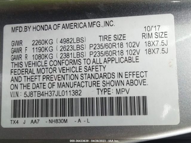 5J8TB4H37JL011382 Acura Rdx W/acurawatch Plus