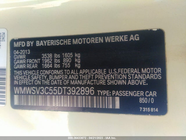 36433672 :رقم المزاد ، WMWSV3C55DT392896 vin ، 2013 Mini Cooper Hardtop S مزاد بيع