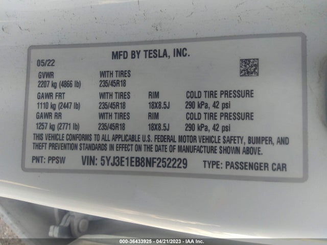 Tesla Model 3 Long Range 2022 5YJ3E1EB8NF252229 Image 11