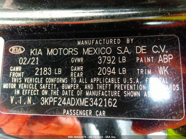 3KPF24ADXME342162 KIA Forte Lxs