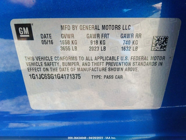Chevrolet SONIC LT 2016 1G1JC6SG1G4171375 Image 10