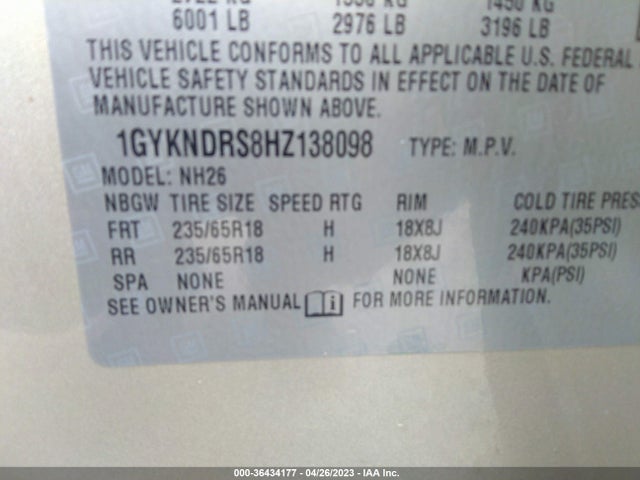 1GYKNDRS8HZ138098 Cadillac Xt5 Luxury Awd