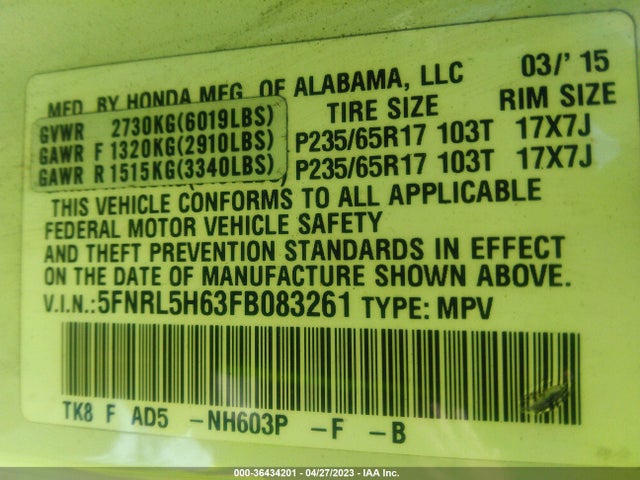 Honda Odyssey Ex-l 2015 5FNRL5H63FB083261 Image 9