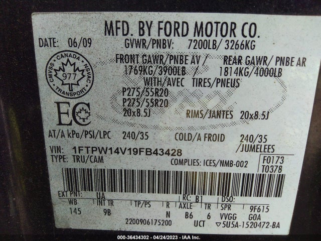 2009 FORD F-150 XL/XLT/FX4/LARIAT VIN: 1FTPW14V19FB43428