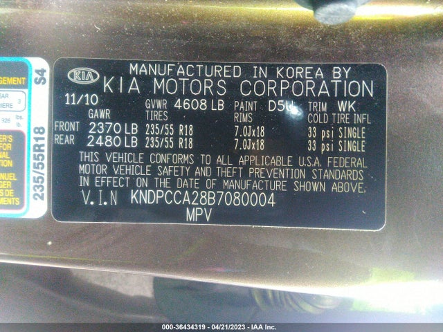 2011 KIA SPORTAGE EX VIN: KNDPCCA28B7080004
