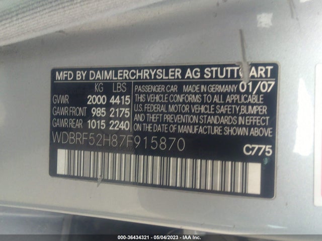 2007 MERCEDES-BENZ C-CLASS 2.5L SPORT VIN: WDBRF52H87F915870