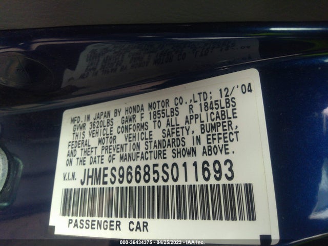 2005 HONDA CIVIC HYBRID VIN: JHMES96685S011693