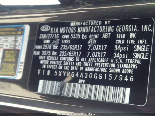 5XYPG4A30GG157946 KIA SORENTO LX