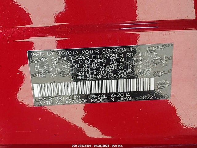 Lexus LS 460 2015 JTHBL5EF9F5138348 Image 9