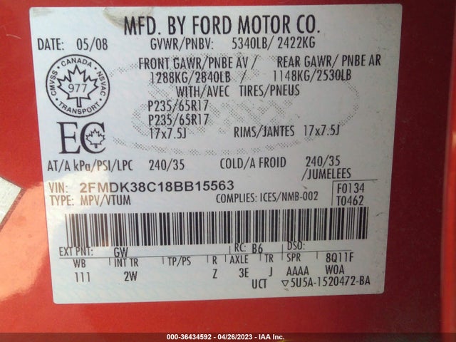 2008 FORD EDGE SEL VIN: 2FMDK38C18BB15563