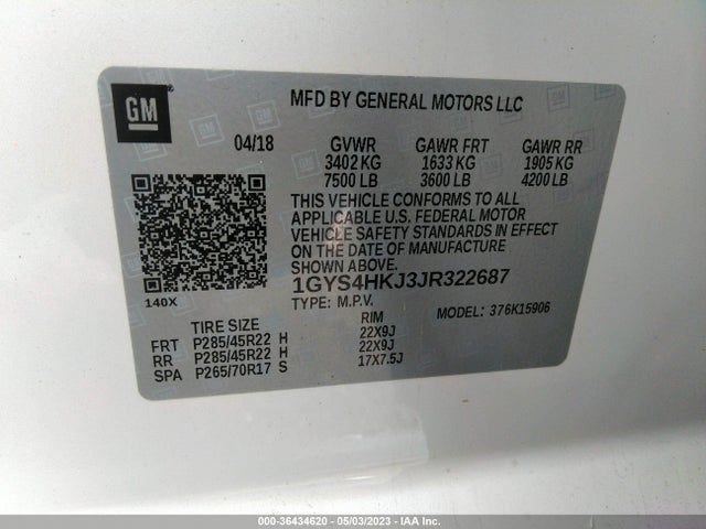 1GYS4HKJ3JR322687 Cadillac Escalade Esv Luxury