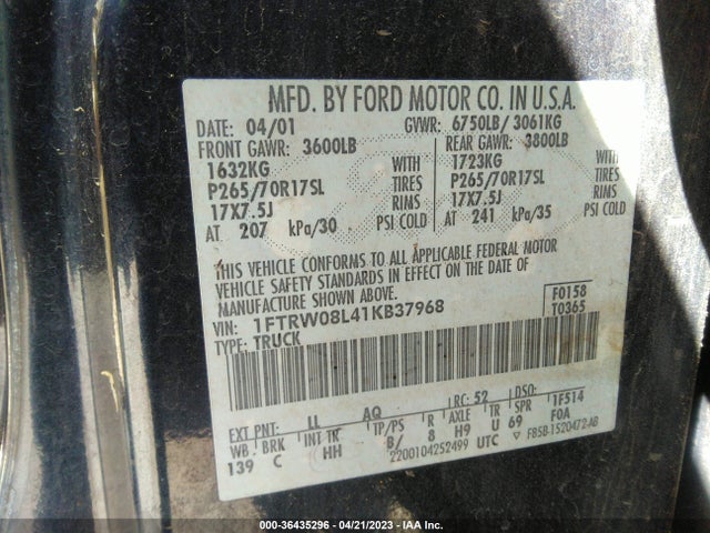2001 FORD F-150 SUPERCREW XLT/LARIAT/KING RANCH VIN: 1FTRW08L41KB37968