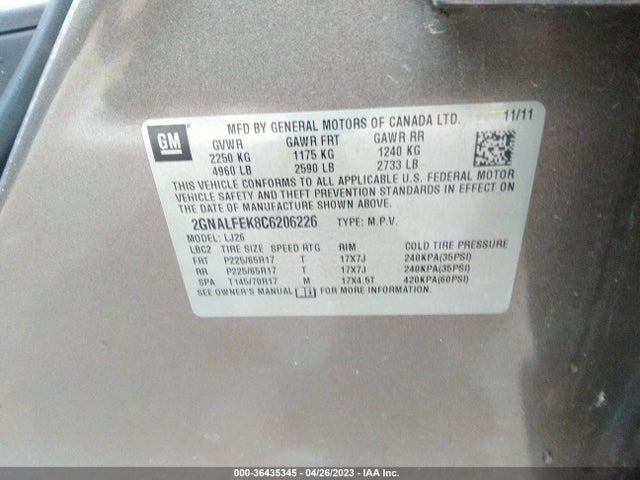 2012 CHEVROLET EQUINOX LTZ VIN: 2GNALFEK8C6206226