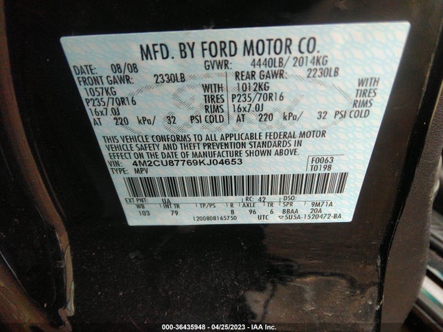 2009 MERCURY MARINER PREMIER VIN: 4M2CU87769KJ04653