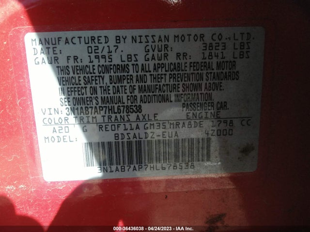 2017 NISSAN SENTRA SV VIN: 3N1AB7AP7HL678538
