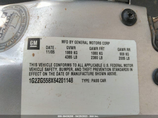 2006 PONTIAC G6 6-CYL VIN: 1G2ZG558X64201148