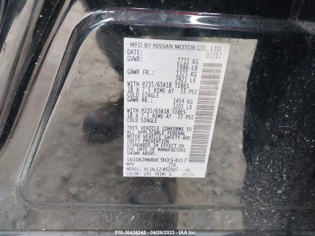 2017 NISSAN PATHFINDER SV VIN: 5N1DR2MN8HC905407