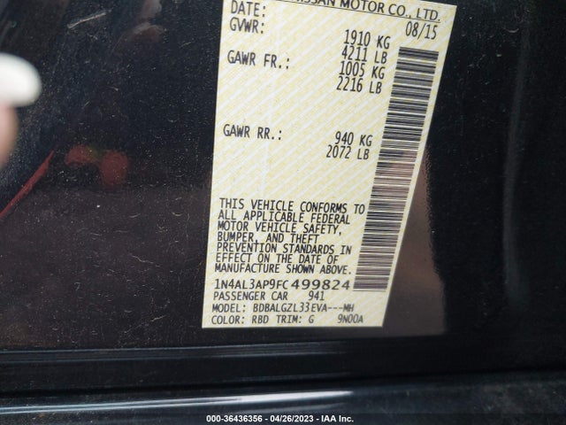 2015 NISSAN ALTIMA 2.5 S VIN: 1N4AL3AP9FC499824