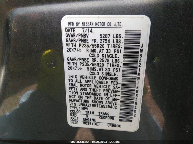 Nissan Murano Le 2014 JN8AZ1MW1EW529402 Image 9