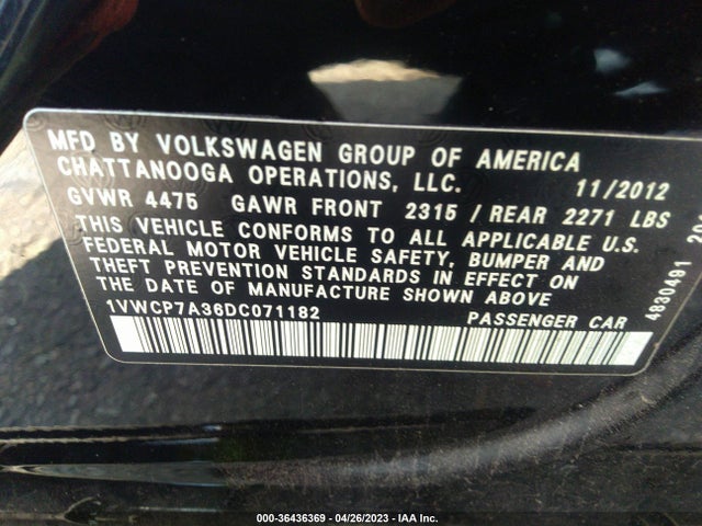 2013 VOLKSWAGEN PASSAT SEL PREMIUM VIN: 1VWCP7A36DC071182