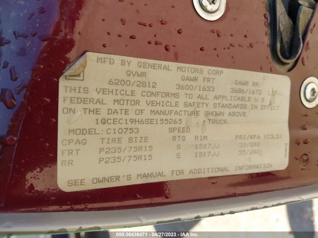 1995 CHEVROLET GMT-400 C1500 VIN: 1GCEC19H6SE155265