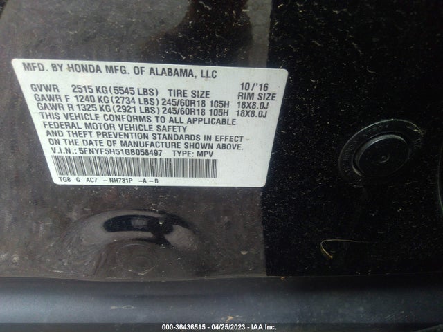 Honda Pilot Ex-l 2016 5FNYF5H51GB058497 Image 10
