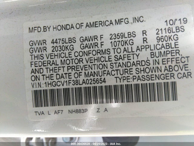 2020 HONDA ACCORD SEDAN SPORT VIN: 1HGCV1F38LA025654