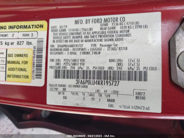 3FA6P0LU4KR195727 Ford Fusion Hybrid Se