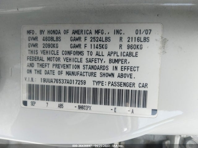 2007 ACURA TL TYPE S VIN: 19UUA76537A017259