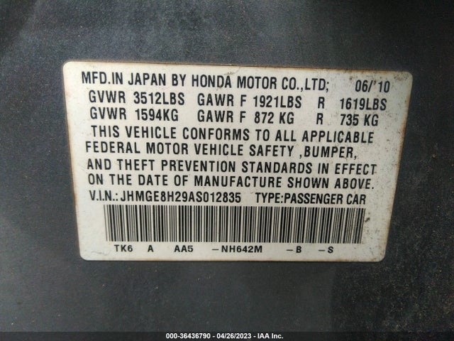 2010 HONDA FIT VIN: JHMGE8H29AS012835