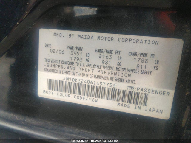 2006 MAZDA MAZDA3 S GRAND TOURING VIN: JM1BK324061497753