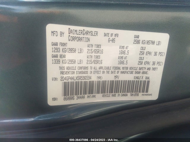 2005 DODGE GRAND CARAVAN SXT VIN: 2D4GP44LX5R596594