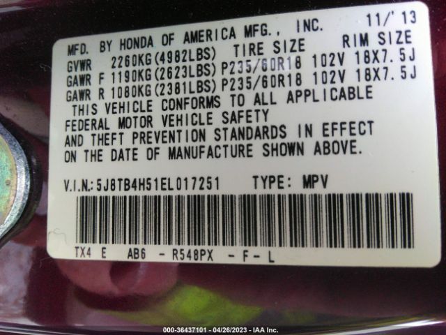 5J8TB4H51EL017251 Acura Rdx Tech Pkg