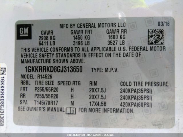 1GKKRRKD8GJ313650 GMC ACADIA SLT