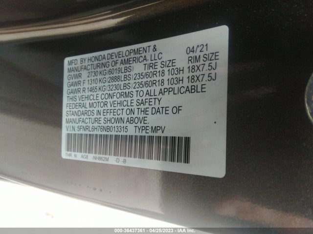 2022 HONDA ODYSSEY EX-L VIN: 5FNRL6H76NB013315