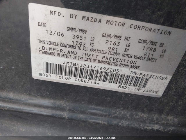2007 MAZDA MAZDA3 S TOURING VIN: JM1BK323171692205